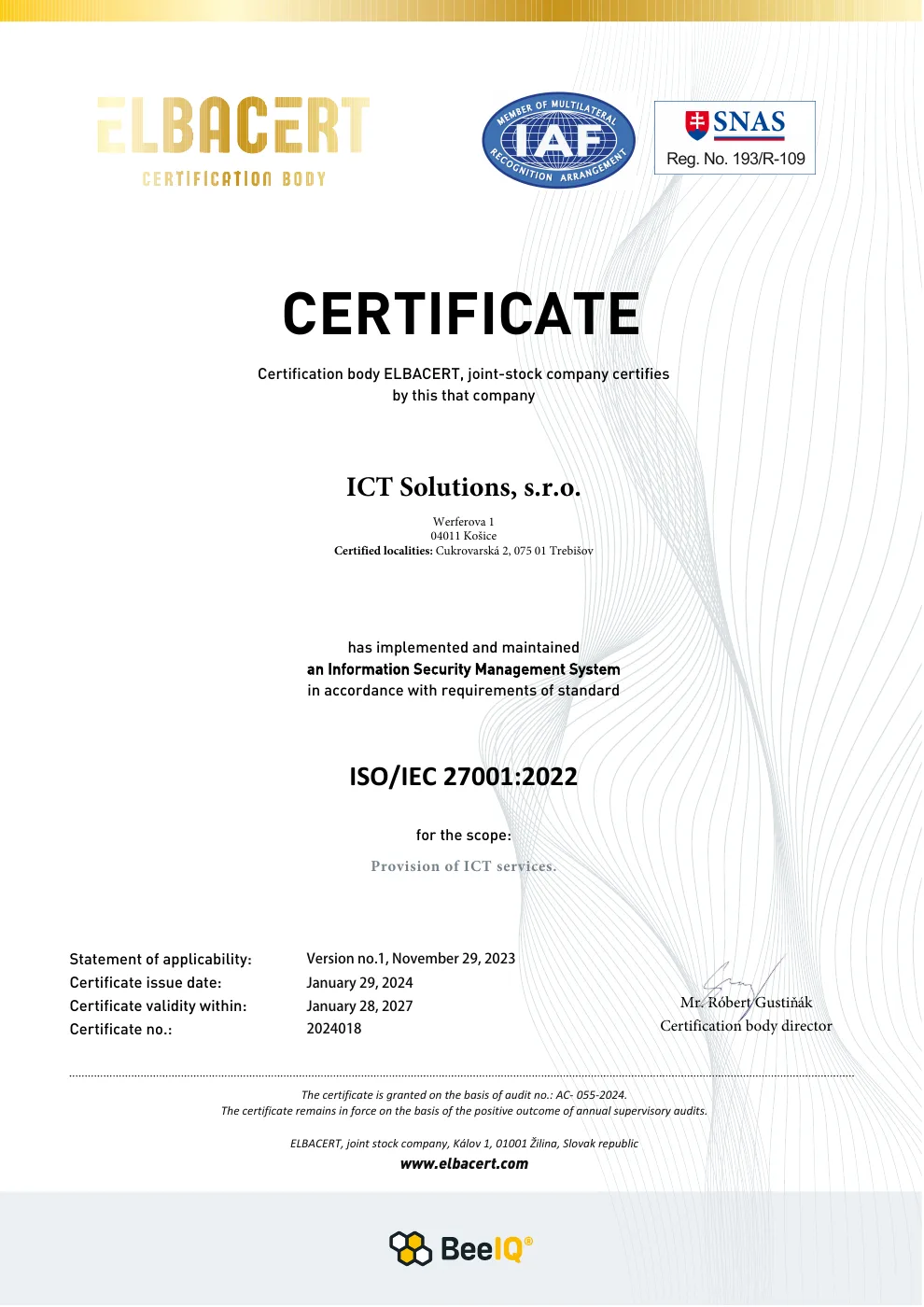 Certifikát ISO/IEC 27001